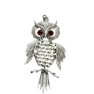 Vintage Large Articulated Owl Pendant Red Eyes